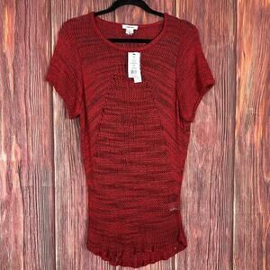 Helmut Lang Red Sweater Short Sleeve Tunic Open Knit Marled Viscose Medium NWT